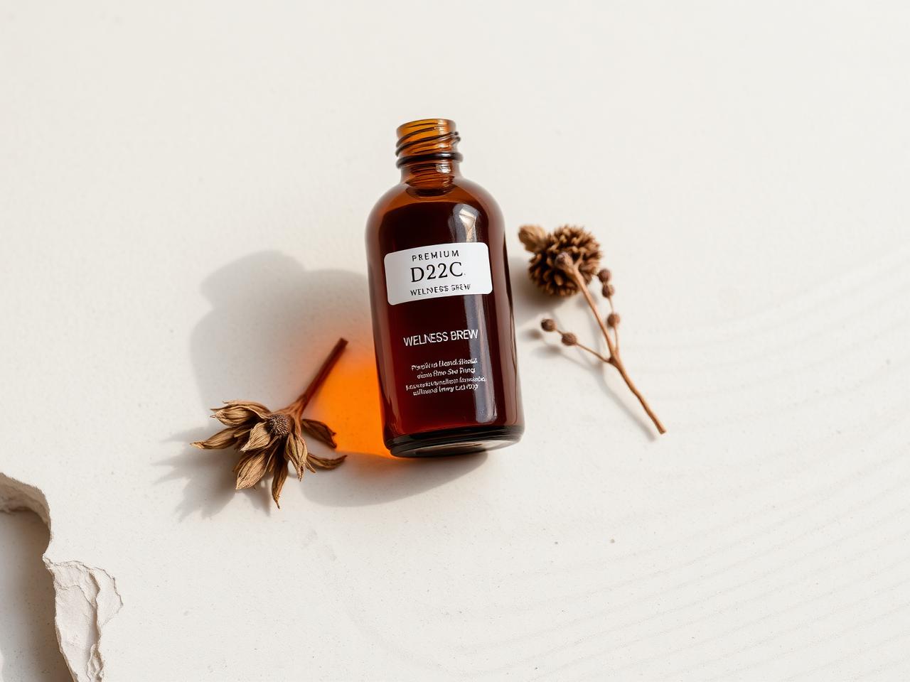 Amber glass wellness brew bottle with dried botanicals on a pale stone surface